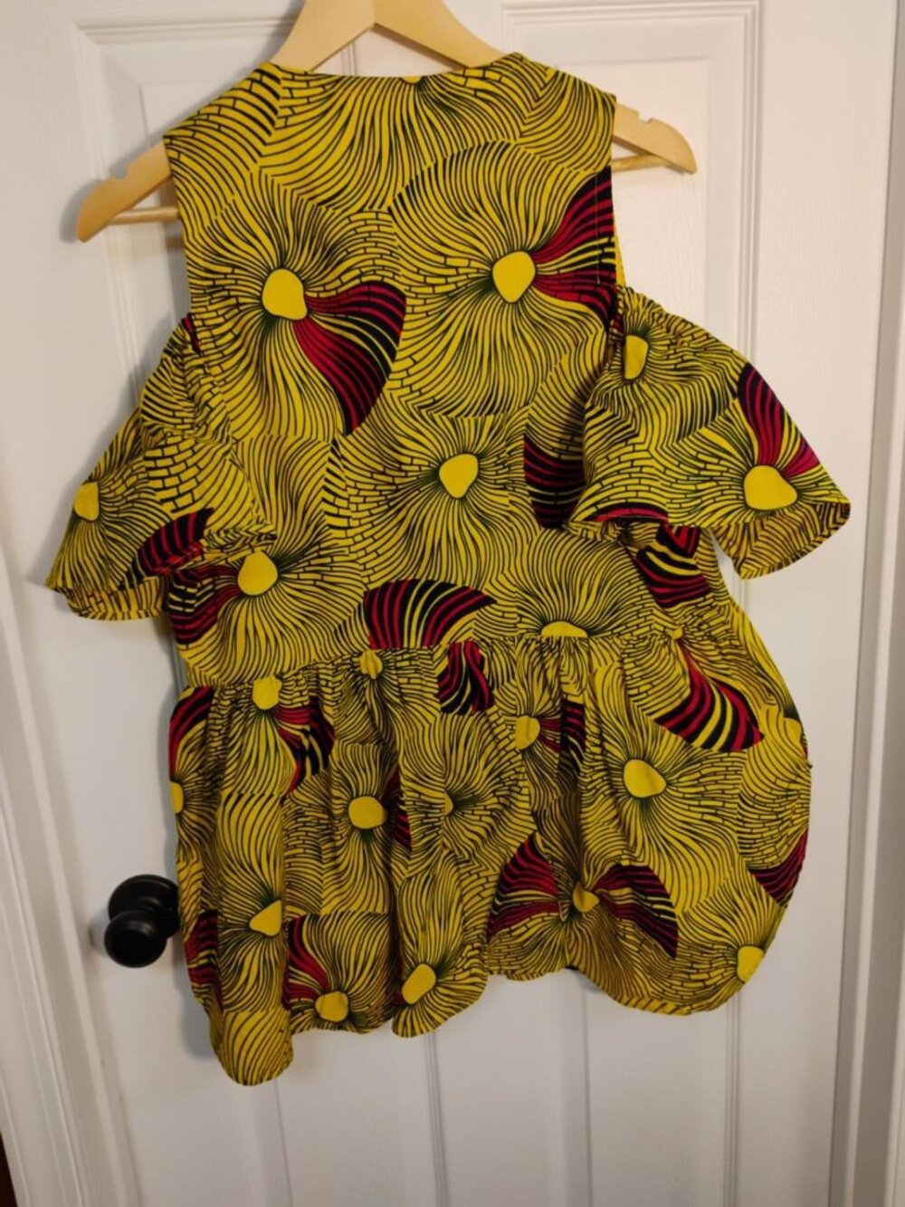 GNATU Ghana Size M African Print Peplum Top Cold Shoulder Ruffle Cotton - Picture 2 of 4